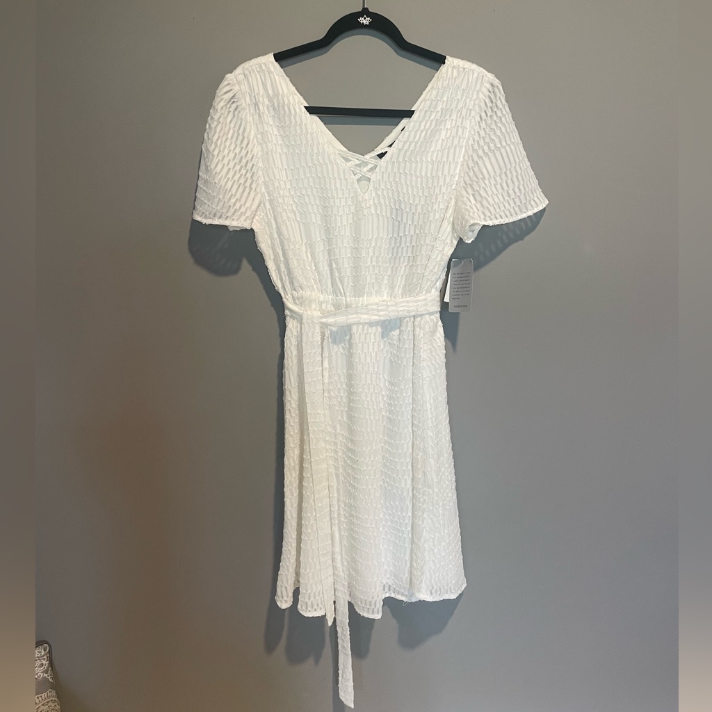 White, Short Sleeved V-Neck Dress With A Cinched Waist With Sewn In Sash.